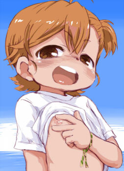 1girl barakamon blush clothes_pull female_focus flat_chest friendship_charm kotoishi_naru light_brown_hair loli looking_at_viewer nipples shirt shirt_pull smile solo spread_nipple t-shirt upper_body yuuge_(hangoban)