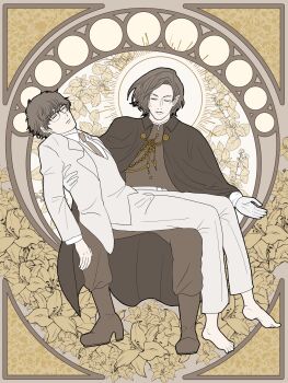 2boys art_nouveau baban_baban_ban_vampire barefoot boots cape closed_eyes fine_art_parody formal_clothes glasses highres male_focus mori_ranmaru_(baban_baban_ban_vampire) multiple_boys parody pieta pointy_ears sakamoto_umetarou short_hair sitting suit vest white_suit yamakou_(ymkunmdrm) yaoi