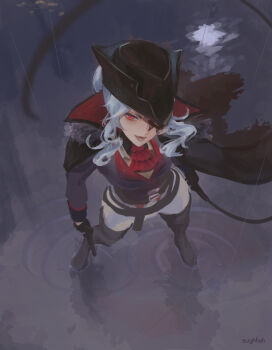 Rule 34 | 1girl, belt, black gloves, boots, cape, eughfish, eyepatch, general geega, general geega (inquisitor), gloves, grey hair, grey pants, gun, hat, highres, indie virtual youtuber, jacket, looking up, open mouth, pants, pointy ears, rain, red eyes, solo, thigh boots, virtual youtuber, weapon, wet floor, whip