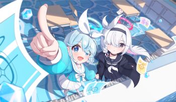 2girls absurdres arona_(blue_archive) black_choker black_coat black_eyes black_hairband black_serafuku black_shirt black_skirt blue_archive blue_eyes blue_hair blue_halo blurry braid chair choker coat colored_inner_hair commentary_request depth_of_field desk doodle_sensei_(blue_archive) foreshortening from_above grey_hair hair_over_one_eye hairband halo hand_grab highres index_finger_raised jing_(947728534) long_hair long_sleeves looking_at_viewer multicolored_hair multiple_girls neckerchief one_eye_covered open_mouth pink_hair pink_halo plana_(blue_archive) pleated_skirt pointing pointing_up pyroxene_(blue_archive) school_chair school_desk school_uniform sensei_(blue_archive) serafuku shirt side_braid skirt smile standing white_neckerchief