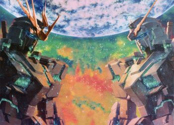 earth_(planet) energy energy_field glowing gundam gundam_unicorn highres katoki_hajime machinery mecha mecha_focus mobile_suit nebula no_humans official_art painting_(medium) planet promotional_art realistic robot scan science_fiction space star_(sky) traditional_media unicorn_gundam unicorn_gundam_banshee v-fin