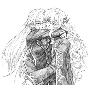 1boy 1girl ^_^ angelica_(project_moon) argalia_(project_moon) blush cape closed_eyes closed_mouth cowboy_shot greyscale hair_ornament highres hug jacket library_of_ruina long_hair monochrome nico2581623421 project_moon ribbed_sweater smile sweater traditional_media turtleneck turtleneck_sweater very_long_hair wavy_hair