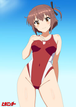 1girl absurdres artist_logo artist_name blue_sky breasts brown_eyes brown_hair cloud commentary_request competition_swimsuit covered_navel etou_kanami hand_on_own_chest highleg highleg_one-piece_swimsuit highres hikamingaa logo medium_breasts one-piece_swimsuit one_side_up red_one-piece_swimsuit short_hair sky smile solo swimsuit toji_no_miko two-tone_swimsuit