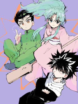 1girl 2boys arm_up black_coat black_hair blue_eyes blue_hair botan_(yu_yu_hakusho) brown_eyes buttons closed_mouth coat collared_jacket crossed_arms dot_mouth dot_nose finger_gun gakuran green_jacket green_pants hair_intakes hiei_(yu_yu_hakusho) jacket japanese_clothes kimono long_hair long_sleeves looking_to_the_side multicolored_hair multiple_boys oar object_riding pants pink_kimono ponytail popped_collar school_uniform short_hair sitting smcms-m smile streaked_hair urameshi_yusuke yuu_yuu_hakusho