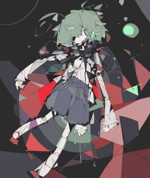 Rule 34 | 1girl, antennae, black background, black cape, black shorts, cape, colored skin, cubism, darkduckling, full body, green eyes, green hair, hair over one eye, highres, looking at viewer, open mouth, red cape, red shoes, shirt, shoes, short hair, short sleeves, shorts, smile, socks, solo, touhou, two-sided cape, two-sided fabric, white shirt, white skin, white socks, wriggle day, wriggle nightbug