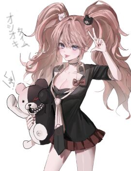 Rule 34 | 1girl, :p, bear hair ornament, black shirt, blonde hair, blue eyes, bow, breasts, cleavage, collarbone, danganronpa: trigger happy havoc, danganronpa (series), enoshima junko, hair ornament, highres, homoim175583, large breasts, long hair, looking at viewer, miniskirt, monokuma, nail polish, necktie, red bow, red nails, sharp teeth, shirt, simple background, skirt, smile, solo, teeth, tongue, tongue out, translation request, twintails, white background