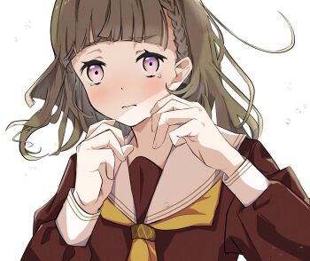 Rule 34 | 1girl, 3:, braid, brown dress, brown hair, center-flap bangs, closed mouth, commentary request, dress, frown, hasu no sora school uniform, kachimachi kosuzu, link! like! love live!, llb, long hair, long sleeves, love live!, neckerchief, pink eyes, sailor collar, sailor dress, scared, school uniform, side ahoge, side braids, solo, tearing up, textless version, virtual youtuber, white sailor collar, winter uniform, yellow neckerchief