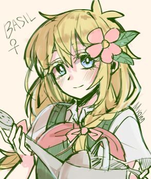 Rule 34 | 1girl, antenna hair, artist name, basil (faraway) (omori), basil (omori), blonde hair, blue eyes, blush, borrowed design, braid, breasts, bright pupils, character name, closed mouth, collared shirt, colored eyelashes, commentary request, double-parted bangs, flower, genderswap, genderswap (mtf), green sweater vest, hair between eyes, hair flower, hair ornament, highres, holding, holding watering can, leaf, long hair, looking at viewer, low twin braids, myohn, omori, pink flower, shirt, short sleeves, simple background, small breasts, smile, solo, sweater vest, tareme, twin braids, upper body, venus symbol, watering can, white pupils, white shirt, yellow background