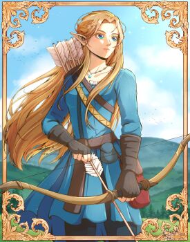 1girl arrow_(projectile) black_gloves blonde_hair blue_dress blue_eyes bow_(weapon) chaendeulleo collarbone commentary day dress fingerless_gloves gloves highres hill holding holding_bow_(weapon) holding_weapon jewelry long_hair looking_to_the_side necklace nintendo outdoors pointy_ears princess_zelda quiver solo standing the_legend_of_zelda weapon