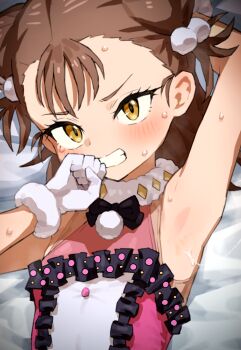 1girl arm_up armpit_focus armpits bed_sheet blush bobbles bow bowtie breasts brown_eyes brown_hair clenched_teeth cone_hair_bun cum double_bun dress eyelashes fur-trimmed_gloves fur_collar fur_trim gloves hair_bun highres loli looking_at_viewer lying medalist_(manga) medium_hair miketa_ryouka mo_(boo1719501boo) on_back presenting_own_armpit saliva saliva_trail sleeveless sleeveless_dress small_breasts solo suggestive_fluid sweat teeth upper_body white_gloves yellow_background yellow_eyes