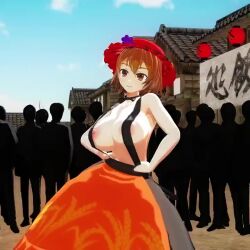 1girl 3d aki_minoriko animated arm_behind_head armpits arms_up bouncing_breasts breasts brown_eyes brown_hair crowd dancing hand_on_own_hip highres jiggle large_breasts looking_at_viewer mofumoko5 naked_suspenders navel nipples one_eye_closed public_indecency short_hair sideboob skirt smile solo suspenders tongue topless_female touhou video wink