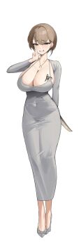 1girl absurdres arm_behind_back blush breasts brown_eyes brown_hair chest_tattoo cleavage covered_navel delta_(nikke) dongtan_dress dress earrings goddess_of_victory:_nikke grey_dress grey_shoes grin hair_between_eyes highres huge_breasts jewelry long_sleeves looking_at_viewer necklace puka_(oni) shoes short_hair smile solo stud_earrings tattoo