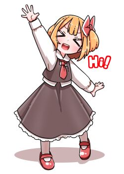 >_< 1girl arm_up black_skirt black_vest blonde_hair bow collared_shirt commentary_request english_text facing_viewer frilled_skirt frills full_body hair_bow highres long_sleeves mary_janes medium_hair necktie open_mouth pantyhose red_bow red_necktie red_shoes roco_(katsuya1011) rumia shirt shoes simple_background skirt skirt_set smile solo teeth touhou upper_teeth_only vest white_background white_pantyhose white_shirt