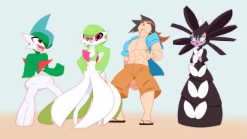 2019 2boys 2girls :d abs animated animated_gif bare_shoulders black_dress black_hair blue_eyes blue_hair blue_shirt bob_cut bow bowtie breasts clenched_hands closed_eyes collarbone colored_skin commentary crossed_arms dancing dilated_pupils dress english_commentary full_body gallade gardevoir gen_3_pokemon gen_4_pokemon gen_5_pokemon gothitelle green_hair green_skin hands_on_own_hips headband large_breasts looking_at_another mohawk mrploxykun multicolored_hair multiple_boys multiple_girls muscular muscular_male nintendo open_clothes open_mouth open_shirt pokemon pokemon_(creature) purple_skin red_eyes red_hair red_lips sandals shirt short_hair shorts smile standing two-tone_hair white_bow white_skin worried
