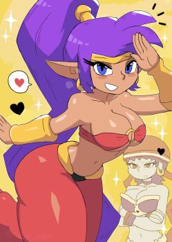 2girls absurdres angry blue_eyes blush bracelet breasts choker cleavage collarbone colored_skin crossed_arms dancer dark_skin earrings grin harem_outfit harem_pants headscarf heart highres jewelry large_breasts long_hair looking_at_viewer multiple_girls navel o-ring o-ring_top pants pirate pointy_ears ponytail purple_hair purple_shirt purple_skin red_eyes red_headscarf red_pants red_shirt risky_boots shantae shantae_(series) shirt short_hair smile sparkle speech_bubble spoken_heart standing strapless teeth thick_thighs thighs tiara tony_welt tube_top wayforward wide_hips wrist_cuffs yellow_background