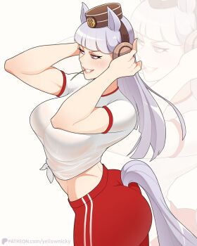 Rule 34 | 1girl, animal ears, ass, blush, breasts, brown hat, commentary, english commentary, gold ship (umamusume), grin, gym shirt, hat, headphones, highres, horse ears, horse girl, horse tail, large breasts, pants, patreon logo, patreon username, red pants, shirt, simple background, smile, solo, sweatdrop, tail, teeth, tied shirt, umamusume, white background, white shirt, yellow nicky, zoom layer