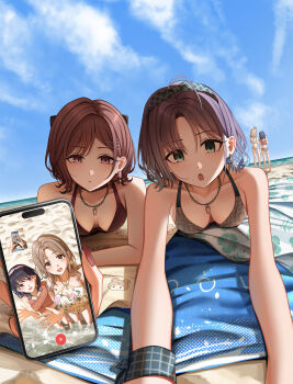 4girls absurdres asakura_toru beach bikini blush breasts brown_hair cellphone cellphone_photo collarbone earrings fingernails fukumaru_koito highres higuchi_madoka holding holding_phone ichikawa_hinana idolmaster idolmaster_shiny_colors jewelry kyamcya looking_at_viewer lying mat medium_breasts mole mole_under_eye multiple_girls nail_polish necklace on_stomach outdoors phone purple_hair sand smartphone swimsuit video_call