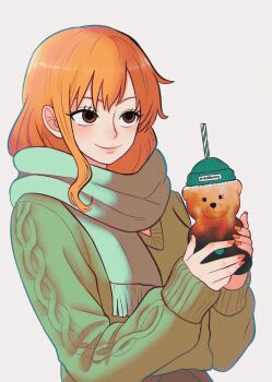 1girl absurdres alternate_costume aqua_scarf bear blush brown_eyes casual closed_mouth commentary cup drinking_straw english_commentary enpera green_sweater grey_background highres holding holding_cup knit_sweater long_hair long_sleeves nami_(one_piece) one_piece orange_hair orange_nails scarf single_sidelock sleeves_past_wrists smile solo sweater twitter_username upper_body v-neck vilelilbunny wavy_hair