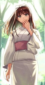 1girl absurdres bow brown_eyes brown_hair commentary_request cowboy_shot hair_bow highres japanese_clothes kodomo_no_omocha kurata_sana medium_hair mizu_no_yakata nanao_itsuki smile solo tree