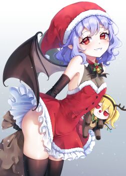 1girl absurdres alternate_costume alternate_headwear bat_wings bell black_bow black_bowtie black_gloves black_thighhighs bow bowtie breasts character_doll christmas cleavage commentary doll dress flandre_scarlet frilled_dress frills fur-trimmed_dress fur-trimmed_headwear fur_trim gloves grin hat highres holding holding_sack korotrishia looking_at_viewer neck_bell pointy_ears purple_hair red_dress red_eyes red_hat remilia_scarlet sack santa_costume santa_dress santa_hat smile solo thighhighs touhou wings