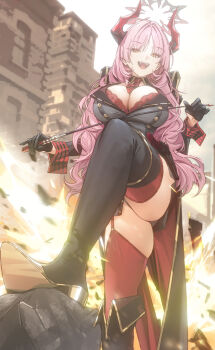 Rule 34 | 1girl, :d, absurdres, black boots, black gloves, black thighhighs, blue archive, boots, bra, bra peek, breasts, commentary request, demon horns, drive shot, explosion, fangs, gloves, halo, highres, holding, holding riding crop, horns, large breasts, mole, mole on breast, necktie, open mouth, pink hair, red necktie, red thighhighs, riding crop, satsuki (blue archive), smile, solo, standing, thighhighs, thighs, underwear, yellow eyes