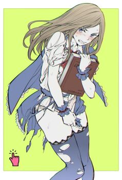 1girl blue_eyes blush book brown_hair cape castlevania:_portrait_of_ruin castlevania_(series) charlotte_aulin clenched_teeth grel_(r6hgvu5) lace lace_trim long_hair panties simple_background skirt solo sweat teeth thighhighs torn_clothes underwear wardrobe_malfunction