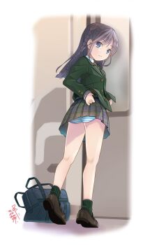 Rule 34 | 1girl, :/, adjusting clothes, adjusting skirt, ass, bag, black shoes, blue panties, braid, closed mouth, commentary request, from behind, full body, green jacket, green socks, grey eyes, grey hair, grey skirt, highres, jacket, loafers, long hair, looking at viewer, miniskirt, original, panties, pantyshot, plaid clothes, plaid skirt, pop (electromagneticwave), ribbed socks, school bag, school uniform, shoes, sidelocks, skirt, socks, solo, striped clothes, striped panties, underwear, white panties