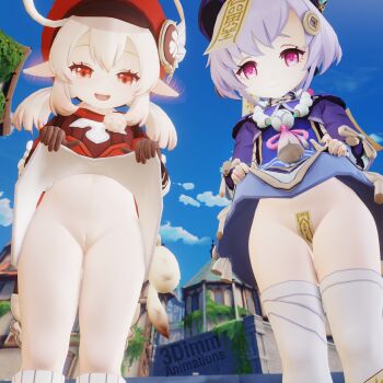 2girls 3d 3dimm_animations absurdres bare_legs blush cleft_of_venus clothes_lift dress dress_lift ear_blush female_focus flashing genshin_impact groin hat highres jiangshi klee_(genshin_impact) legs lifting_own_clothes loli looking_at_viewer maebari multiple_girls navel no_panties pale_skin pointy_ears pussy qiqi_(genshin_impact) skirt skirt_lift sky smile standing thighhighs thighs town uncensored white_legwear