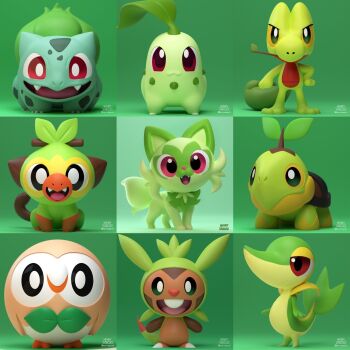 3d animal_focus artist_name bird bright_pupils bulbasaur cat chespin chikorita commentary english_commentary fangs fangs_out gen_1_pokemon gen_2_pokemon gen_3_pokemon gen_4_pokemon gen_5_pokemon gen_6_pokemon gen_7_pokemon gen_8_pokemon green_background grookey hand_on_own_hip henry_vargas highres monkey mouth_hold nintendo open_mouth owl pokemon pokemon_(creature) rowlet snivy sprigatito stalk_in_mouth treecko turtle turtwig white_pupils