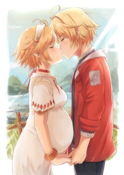 1boy 1girl absurdres ahoge blonde_hair breasts couple dress fiora_(xenoblade) hairband highres kiss pochamastudios pregnant short_hair shulk_(xenoblade) xenoblade_chronicles_(series) xenoblade_chronicles_1