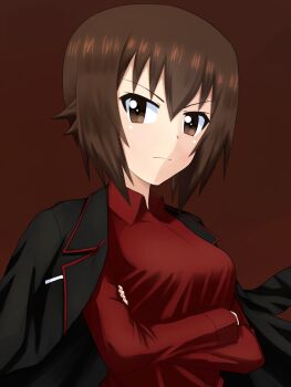 1girl breasts brown_background brown_eyes brown_hair commentary_request crossed_arms eyes_visible_through_hair girls_und_panzer hair_between_eyes highres jacket jacket_on_shoulders kuromorimine_military_uniform large_breasts long_sleeves looking_at_viewer military military_jacket military_uniform nishizumi_maho red_shirt ruka_(piyopiyopu) serious shirt short_hair simple_background solo upper_body