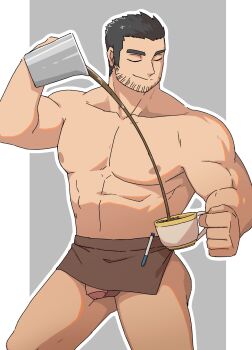 1boy apron bara barista beard_stubble black_hair brown_apron closed_eyes closed_mouth coffee_pot cup disposable_cup dounoo facial_hair feet_out_of_frame flaccid gluteal_fold highres holding holding_cup large_pectorals lucas_lee male_focus muscular muscular_male naked_apron pectorals penis penis_peek scott_pilgrim_(series) scott_pilgrim_takes_off short_hair smile solo stubble teacup thick_eyebrows topless_male waist_apron