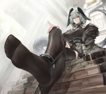 1girl absurdres arknights crossed_legs feet grey_eyes grey_hair hand_on_own_knee head_wings highres ho&#039;olheyak_(arknights) long_hair looking_at_viewer parted_lips see-through_clothes see-through_legwear soles tail thighhighs tiansuo_haoer toes wings