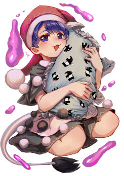 1girl absurdres black_capelet blob blue_eyes blue_hair blush capelet doremy_sweet dream_soul dress full_body hat highres looking_at_viewer matsukuzu multicolored_dress nightcap open_mouth pillow pom_pom_(clothes) red_hat short_hair signature simple_background smile solo tail tapir_tail touhou white_background