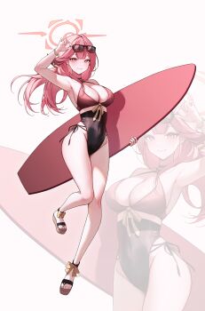 Rule 34 | 1girl, 230819, absurdres, adjusting eyewear, alternate costume, armpits, aru (blue archive), black one-piece swimsuit, blue archive, breasts, brown horns, cleavage, demon horns, eyewear on head, full body, halo, hand on eyewear, highleg, highleg one-piece swimsuit, highres, holding, holding surfboard, horns, long hair, looking at viewer, low horns, o-ring, o-ring swimsuit, one-piece swimsuit, pink hair, pink halo, sandals, smile, solo, sunglasses, surfboard, swimsuit, zoom layer