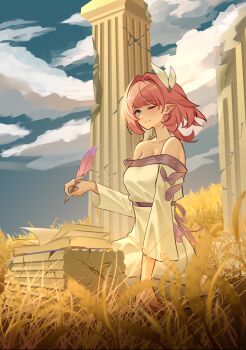 1girl absurdres aged_up alternate_costume as_i&#039;ve_written_(honkai:_star_rail) bare_shoulders blue_eyes blue_sky book breasts cleavage closed_mouth commentary cyrene_(aedes_elysiae)_(honkai:_star_rail) cyrene_(honkai:_star_rail) dress evening faizfs highres holding holding_quill honkai:_star_rail honkai_(series) looking_at_viewer medium_breasts medium_hair off-shoulder_dress off_shoulder one_eye_closed open_book outdoors pillar pink_hair pink_pupils pointy_ears quill sitting sky smile solo white_dress