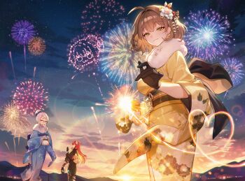 absurdres ahoge alternate_costume alternate_hairstyle anis_(nikke) black_gloves blonde_hair blurry commentary depth_of_field doro_(nikke) fireworks flower gloves goddess_of_victory:_nikke hair_flower hair_intakes hair_ornament highres japanese_clothes kimono lens_flare long_hair mountain neon_(nikke) obi obijime popoka0930 rapi_(nikke) red_hair sash short_hair sunrise sunset symbol-only_commentary white_hair wide_sleeves yellow_eyes