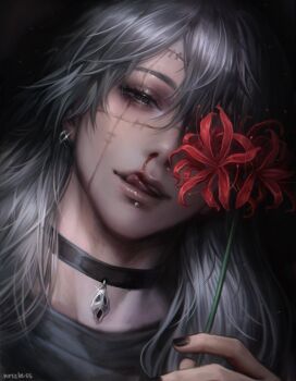 1girl artist_name asya_(krizless) black_choker black_nails black_shirt blood blood_on_face choker dark_background earrings english_text eyelashes face_piercing flower genderswap genderswap_(mtf) grey_eyes grey_hair highres holding holding_flower jewelry jujutsu_kaisen licking_blood licking_lips lip_piercing looking_at_viewer mahito_(jujutsu_kaisen) medium_hair multiple_earrings nail_polish nosebleed one_eye_covered piercing red_flower shirt solo solo_focus spider_lily stitched_face stitched_forehead stitches tongue tongue_out transfigured_human_(jujutsu_kaisen)