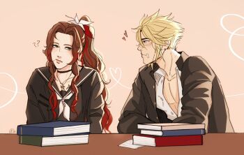 1boy 1girl ? aerith_gainsborough aerith_gainsborough_(midgard_seventh_high_school) bandaid bandaid_on_cheek bandaid_on_face bandaid_on_nose black_choker black_jacket black_serafuku black_shirt blonde_hair book brown_hair choker cloud_strife cloud_strife_(midgard_seventh_high_school) collared_shirt colored_tips commentary delinquent earrings english_commentary final_fantasy final_fantasy_vii final_fantasy_vii:_ever_crisis flower flower_necklace gakuran hair_between_eyes hair_flower hair_ornament hair_ribbon hetero highres jacket jewelry light_blush multicolored_hair neckerchief necklace official_alternate_costume parted_bangs pink_background red_hair red_ribbon ribbon sageixx school_uniform serafuku shirt side_ponytail sidelocks signature single_earring sukeban white_flower white_neckerchief white_shirt