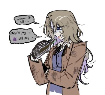 1girl bottle breasts chayre5792 collared_shirt crossed_arms english_text gloves hindley_(project_moon) holding holding_bottle limbus_company long_hair lowres messy_hair necktie open_mouth project_moon rodion_(project_moon) shirt simple_background small_breasts smile solo speech_bubble teeth undone_necktie upper_teeth_only vest white_background