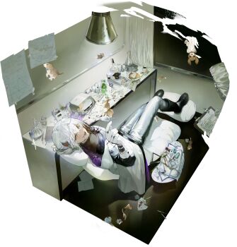 1other beaker blonde_hair blood bottle chart coat colored_inner_hair dog erlenmeyer_flask flask full_body gloves helmet highres holding holding_syringe hood hood_down hooded_coat indoors laboratory lamp looking_at_viewer medicine_pocket microscope multicolored_hair official_art open_mouth pants paper pillow reverse:1999 safety_glasses scissors solo streaked_hair syringe third-party_source trash tweezers white_coat white_curtains white_gloves white_hair white_pants whiteboard window zero_gravity