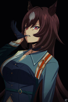 1girl absurdres animal_ears artist_logo biting black_background black_choker black_gloves breasts brown_hair buttons choker cleavage color_neko_(user_yfvc3323) commentary_request ear_ornament gloves green_jacket hair_between_eyes highres horse_ears horse_girl jacket large_breasts logo long_hair long_sleeves multicolored_hair partially_shaded_face pendant_choker red_eyes simple_background sirius_symboli_(feroce)_(umamusume) sirius_symboli_(umamusume) solo streaked_hair teeth umamusume very_long_hair white_hair