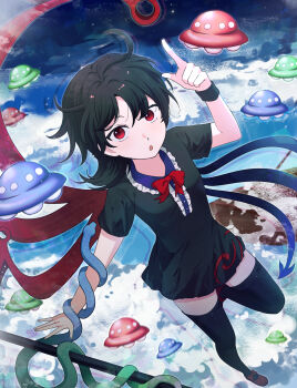 1girl absurdres asymmetrical_wings black_dress black_hair black_thighhighs blue_wings bow bowtie commentary dress full_body highres houjuu_nue jam1risa leg_up long_hair looking_at_viewer open_mouth polearm red_bow red_bowtie red_eyes red_wings short_dress short_sleeves solo thighhighs touhou trident ufo weapon wings