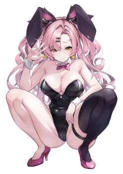 1girl alternate_costume animal_ear_hairband animal_ears bare_shoulders black_leotard black_thighhighs blush bow bowtie breasts cameltoe closed_mouth collarbone commentary_request covered_navel detached_collar earrings fake_animal_ears green_eyes hair_ornament hairband hairclip hand_up heart heart_earrings jewelry kenzuishi_(pixiv1071422) large_breasts leotard long_hair looking_at_viewer mole mole_on_breast mole_under_eye multicolored_nails nicole_demara partial_commentary pink_hair playboy_bunny purple_bow purple_bowtie purple_shoes rabbit_ear_hairband rabbit_ears rabbit_tail shoes short_eyebrows simple_background single_thighhigh smile solo squatting strapless strapless_leotard tail thigh_strap thighhighs two_side_up w white_background white_wrist_cuffs wrist_cuffs zenless_zone_zero