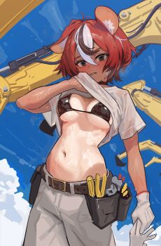 1girl absurdres alternate_costume animal_ear_fluff animal_ears black_bra black_hair blurry_eyes bra breasts clothes_lift cloud commentary crane_(machine) double-parted_bangs frown gloves hair_between_eyes hakos_baelz highres hololive hololive_english mouse_ears mouse_girl navel old_metal_666 outdoors pants pliers red_hair screwdriver see-through_clothes see-through_shirt sharp_teeth shirt shirt_lift short_hair single_ear_down sky sweat tan teeth tool_belt tools underwear virtual_youtuber white_hair white_pants wiping_face wrench