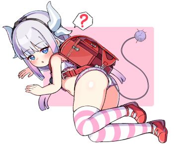 1girl ? absurdres ass backpack bag blush bra dragon_girl dragon_horns female_focus hair_ornament hairband highres horns kanna_kamui kobayashi-san_chi_no_maidragon legs loli looking_at_viewer panties polka_dot polka_dot_panties purple_hair randoseru shoes solo striped_clothes striped_thighhighs tail thighhighs thighs twintails underwear vieru2n