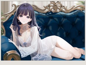 1boy absurdres bare_legs barefoot bulge choppy_bangs couch crossdressing crossdressing_(mtf) curtains dress earrings full_body highres jewelry long_hair looking_at_viewer lying neck_ribbon on_couch on_side original parted_lips plant potted_plant purple_hair ribbon see-through_clothes see-through_dress trap turisasu wavy_hair white_dress white_nails white_ribbon