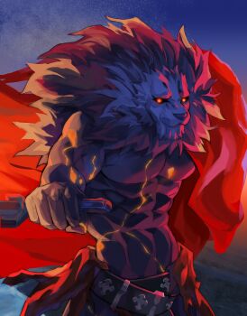 1boy abs absurdres animal_ears bara black_sclera cape closed_mouth colored_sclera fate/grand_order fate_(series) ff1162167867 furry furry_male glowing glowing_eyes highres holding holding_sword holding_weapon lion_boy lion_ears lion_mane looking_at_viewer male_focus muscular muscular_male pectorals red_cape red_eyes richard_i_(fate) richard_i_(third_ascension)_(fate) sword topless_male weapon