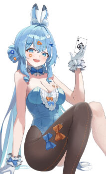 Rule 34 | 1girl, ace (playing card), ace of spades, animal ears, arahashi tabi, arm support, asymmetrical legwear, black hiphighs, blue eyes, blue hair, blue leotard, bow, breasts, card, cleavage, collar, commentary request, detached collar, double-parted bangs, fake animal ears, feet out of frame, fishnets, frilled collar, frilled gloves, frills, gloves, hair ornament, hand up, heart, heart hair ornament, highres, hiphighs, holding, holding card, knees up, korean commentary, large breasts, leotard, long hair, looking at viewer, open mouth, playboy bunny, playing card, rabbit ears, rahwol177, sitting, smile, solo, spade (shape), stellive, sticker, sticker on breast, sticker on face, strapless, strapless leotard, triangle hair ornament, variant set, very long hair, virtual youtuber, white collar, white gloves