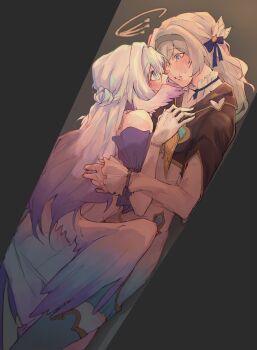 2girls absurdres aqua_thighhighs bare_shoulders bblanckett blue_bow blue_eyes blush bow bracelet commentary dress english_commentary eye_contact firefly_(honkai:_star_rail) gloves green_eyes grey_hair grey_hairband hair_bow hairband halo head_wings highres honkai:_star_rail honkai_(series) jewelry long_hair long_sleeves looking_at_another low_wings multicolored_eyes multiple_girls parted_lips purple_dress purple_eyes purple_hair robin_(honkai:_star_rail) scar scar_on_face scar_on_mouth shirt sleeves_past_wrists stuck_in_a_box sweatdrop thighhighs two-tone_eyes white_gloves white_shirt wings yuri